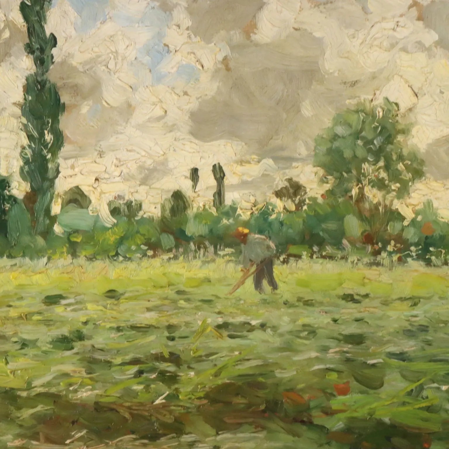 Modern Painting Signed Duilio Corompai Landscape with Peasant '900