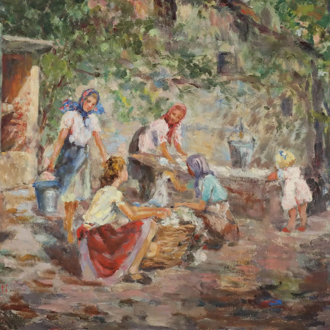 Modern Painting Scene with Women at the Washhouse XX Century