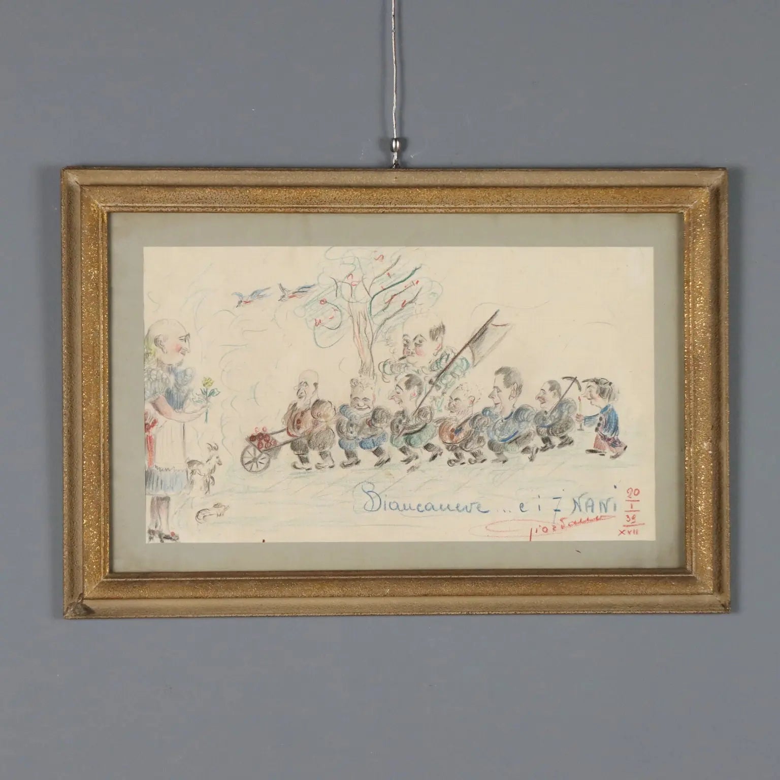Modern Drawing Signed Ettore Giordano Crayons on Paper Italy 1939