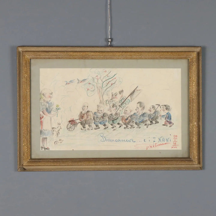 Modern Drawing Signed Ettore Giordano Crayons on Paper Italy 1939