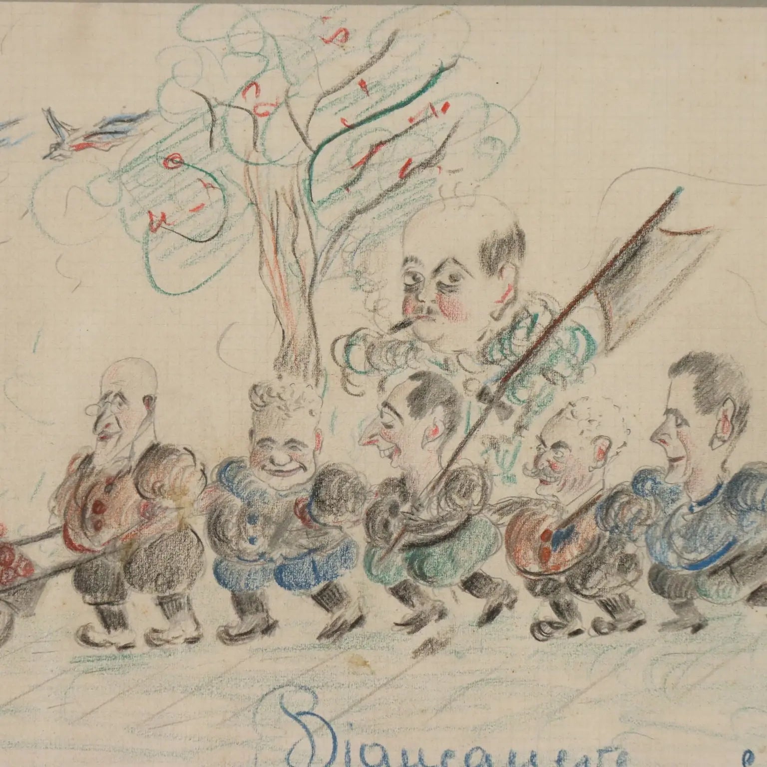 Modern Drawing Signed Ettore Giordano Crayons on Paper Italy 1939