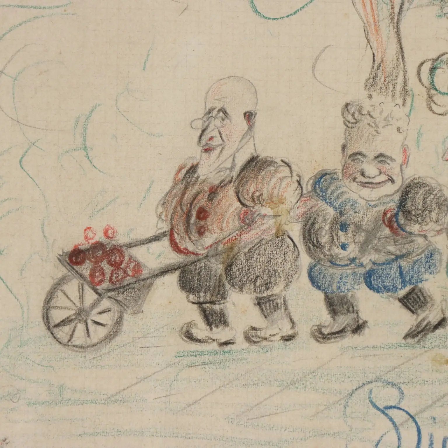 Modern Drawing Signed Ettore Giordano Crayons on Paper Italy 1939