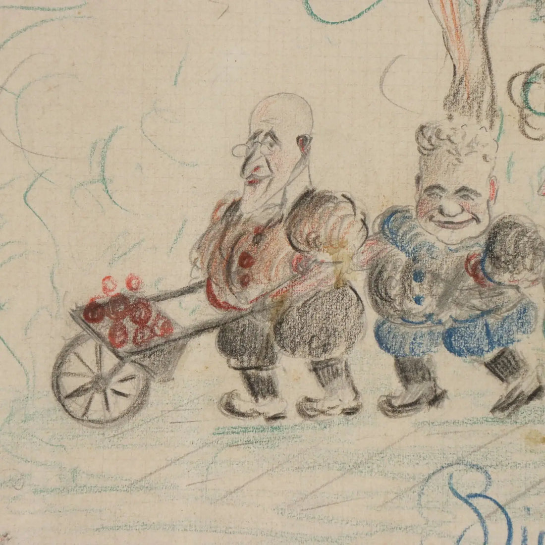 Modern Drawing Signed Ettore Giordano Crayons on Paper Italy 1939