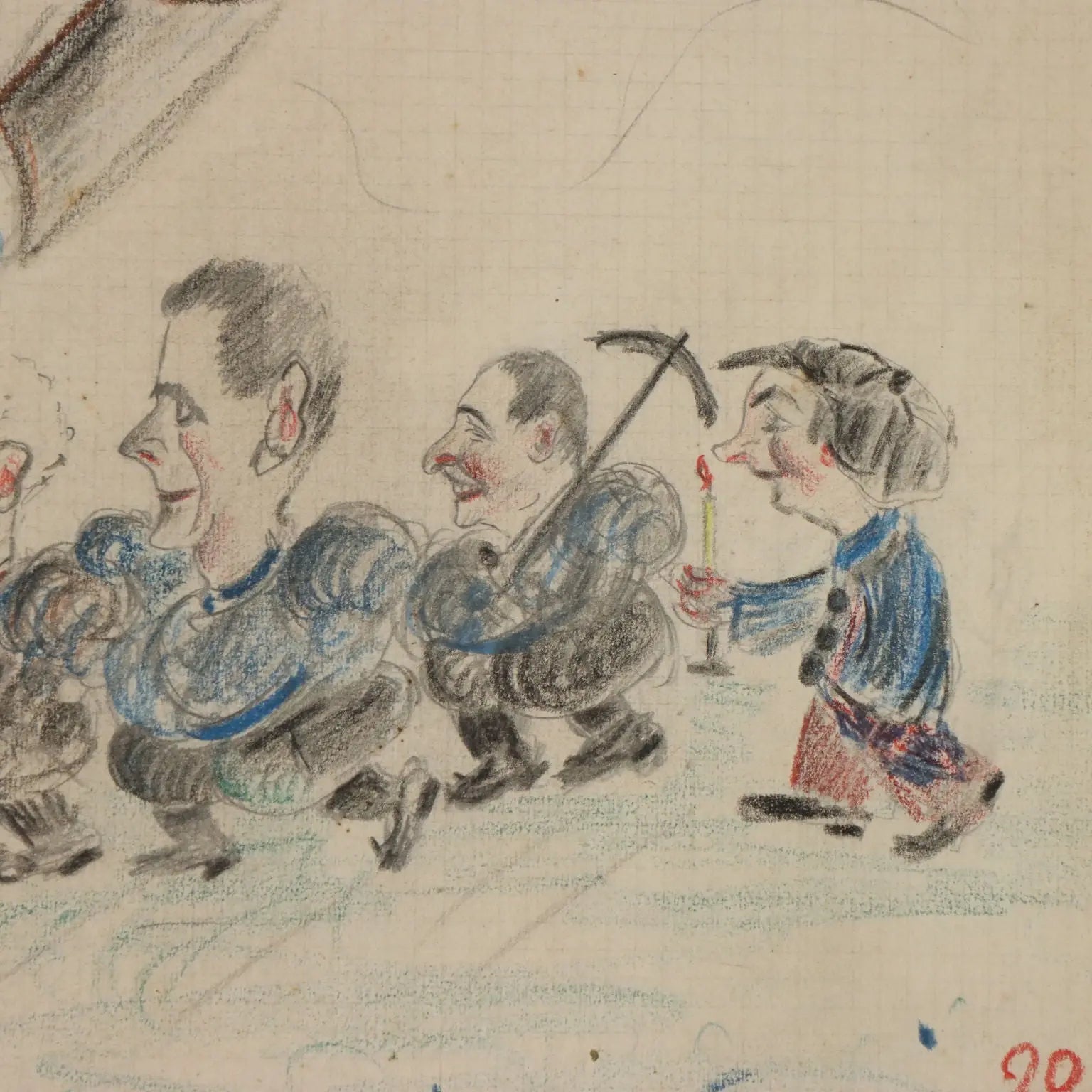 Modern Drawing Signed Ettore Giordano Crayons on Paper Italy 1939