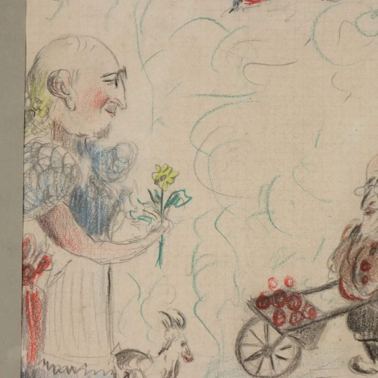 Modern Drawing Signed Ettore Giordano Crayons on Paper Italy 1939