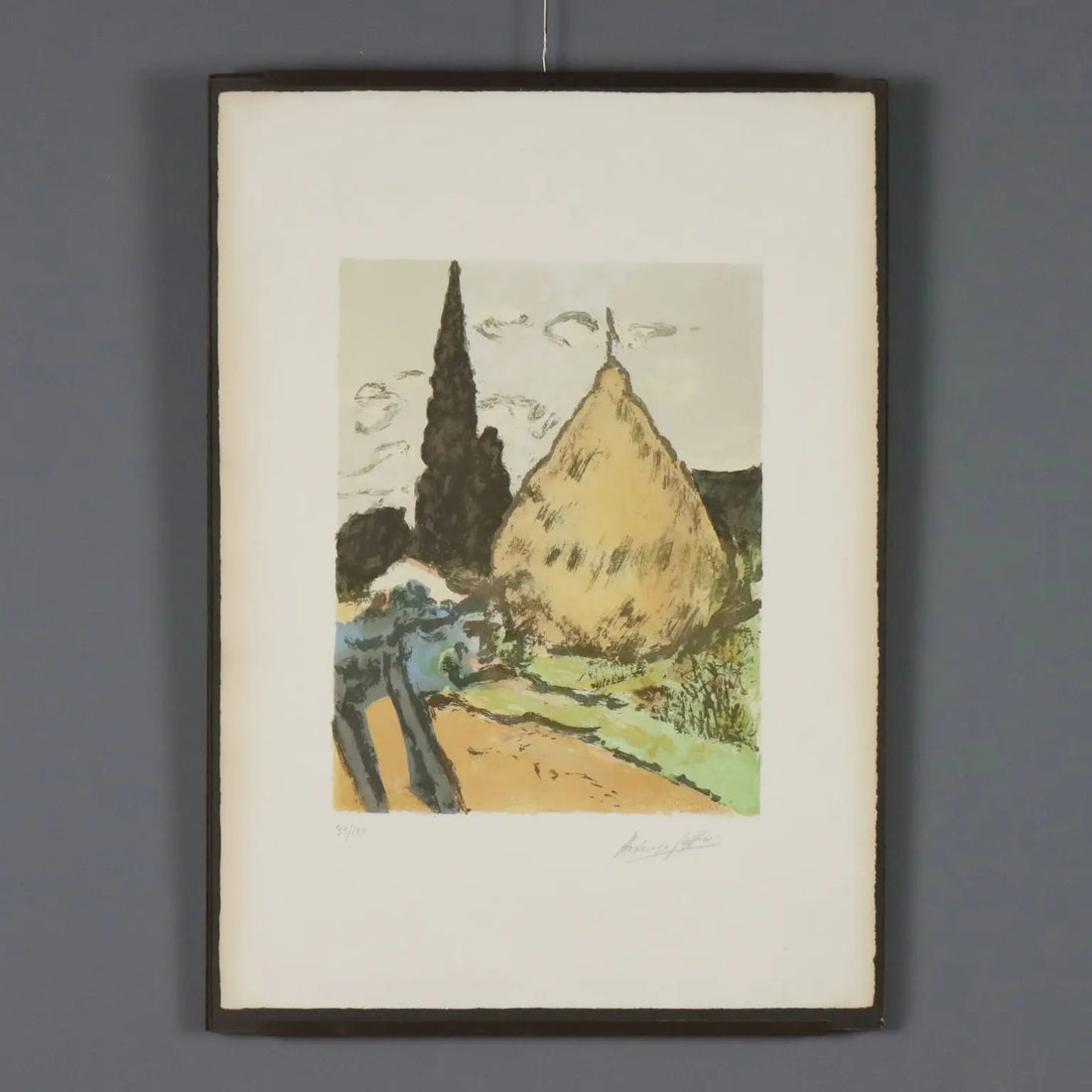 Modern Lithograph Signed Ardengo Soffici Haystack and Cypresses 1962