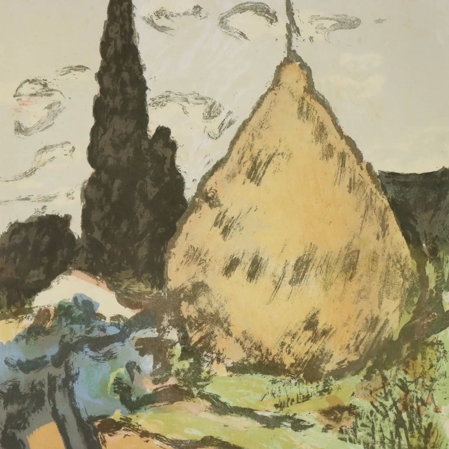 Modern Lithograph Signed Ardengo Soffici Haystack and Cypresses 1962