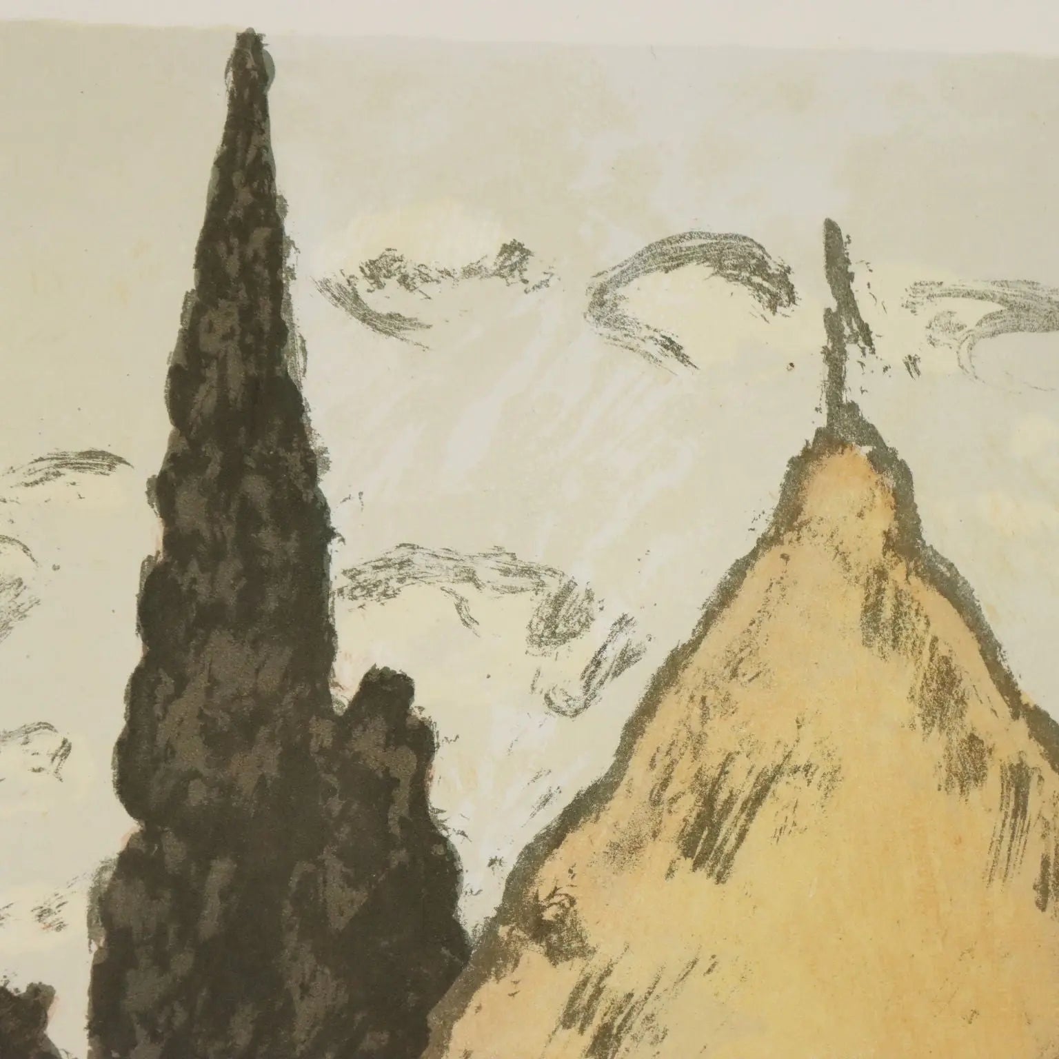 Modern Lithograph Signed Ardengo Soffici Haystack and Cypresses 1962