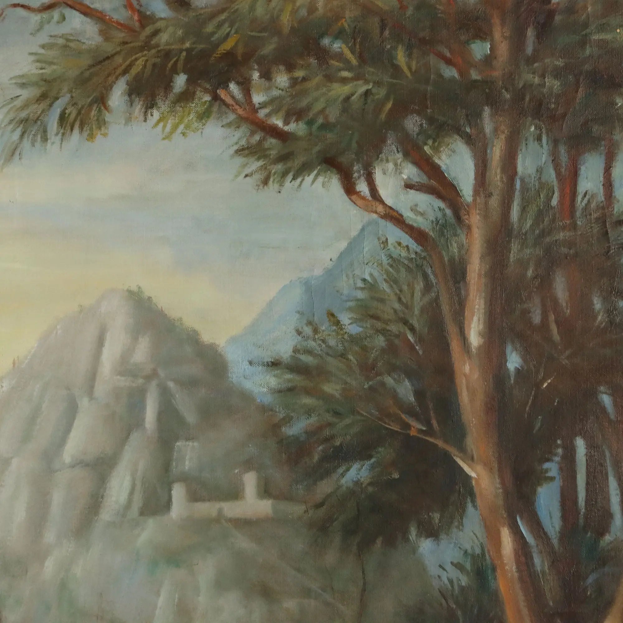 Modern Painting Landscape with Figures Oil on Canvas XX Century