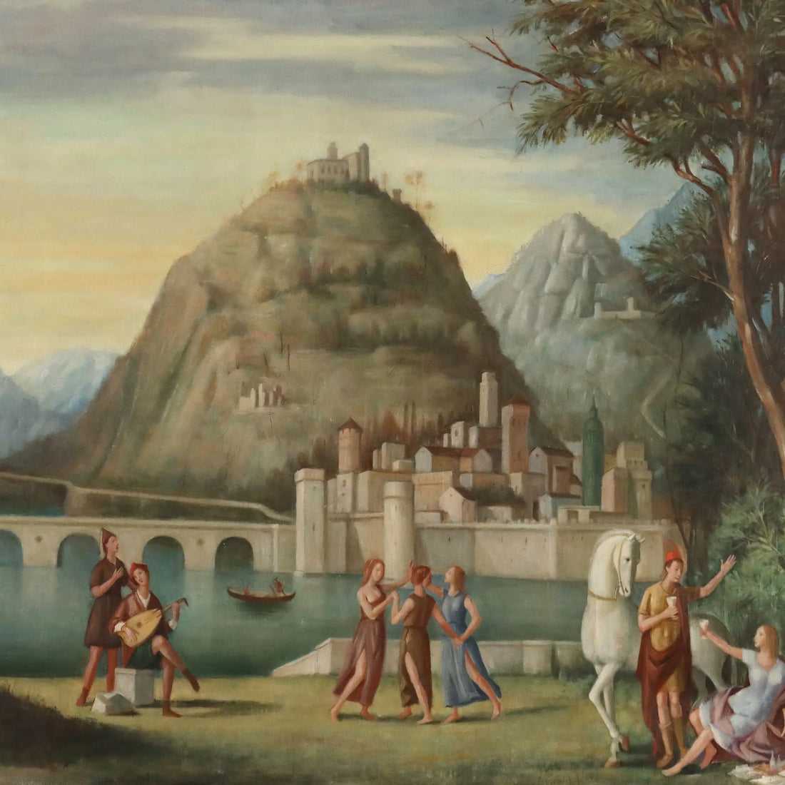 Modern Painting Landscape with Figures Oil on Canvas XX Century