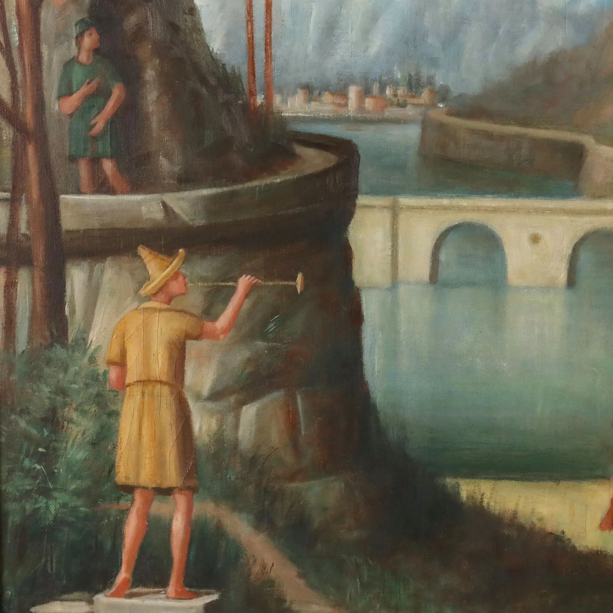 Modern Painting Landscape with Figures Oil on Canvas XX Century