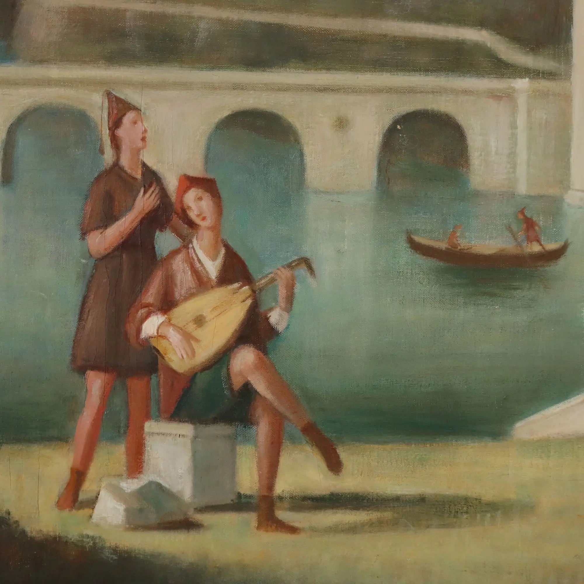 Modern Painting Landscape with Figures Oil on Canvas XX Century