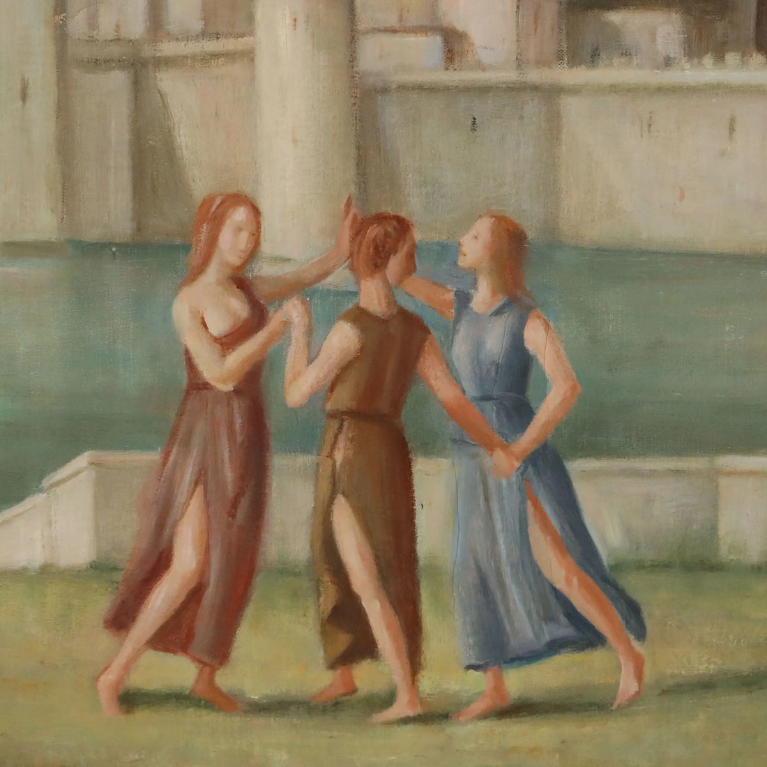 Modern Painting Landscape with Figures Oil on Canvas XX Century