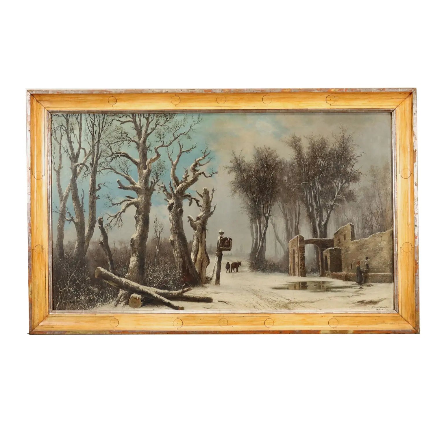 Antique Painting Mentore Silvani Oil on Canvas Italy 1872 - Snowy Landscape with Figures 1872 | Art | 19th Century