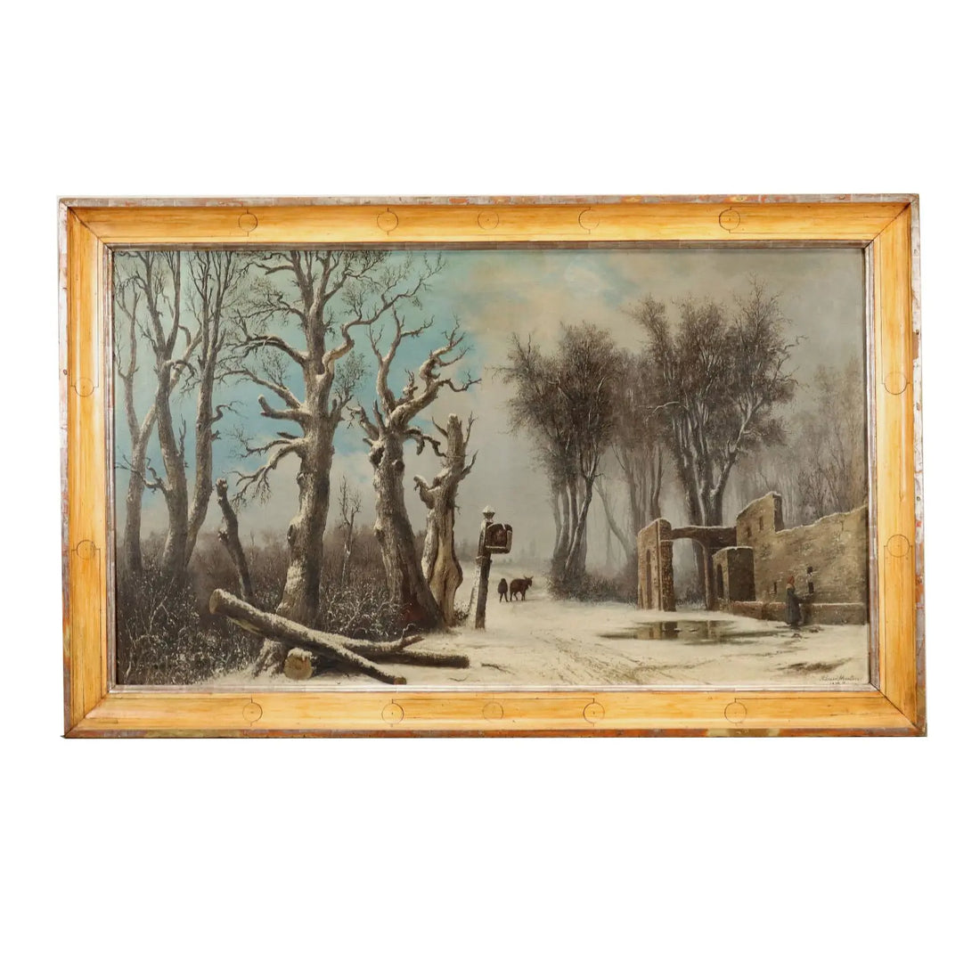 Antique Painting Mentore Silvani Oil on Canvas Italy 1872 - Snowy Landscape with Figures 1872 | Art | 19th Century