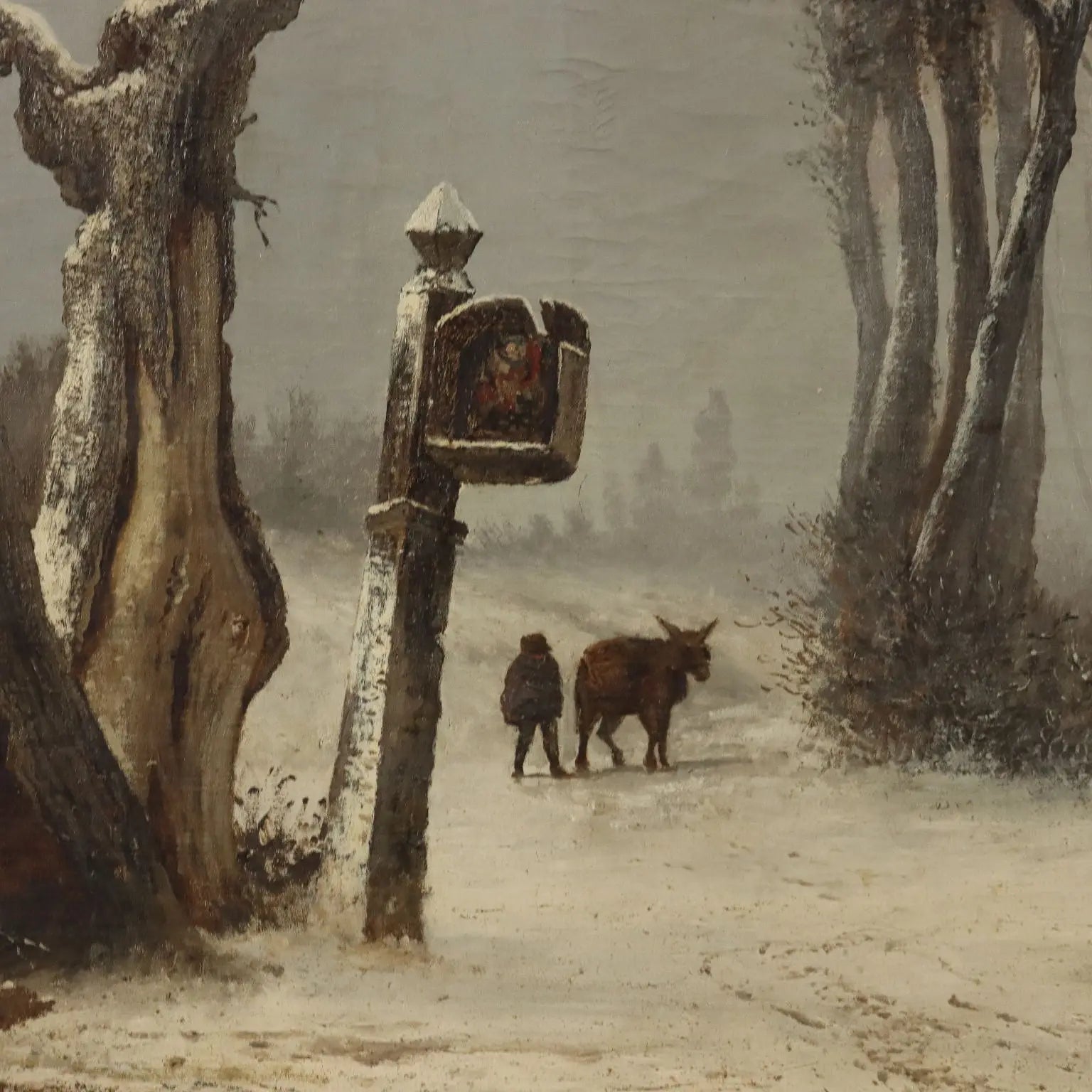 Antique Painting Mentore Silvani Oil on Canvas Italy 1872 - Snowy Landscape with Figures 1872 | Art | 19th Century