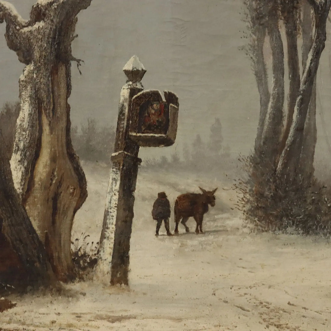 Antique Painting Mentore Silvani Oil on Canvas Italy 1872 - Snowy Landscape with Figures 1872 | Art | 19th Century
