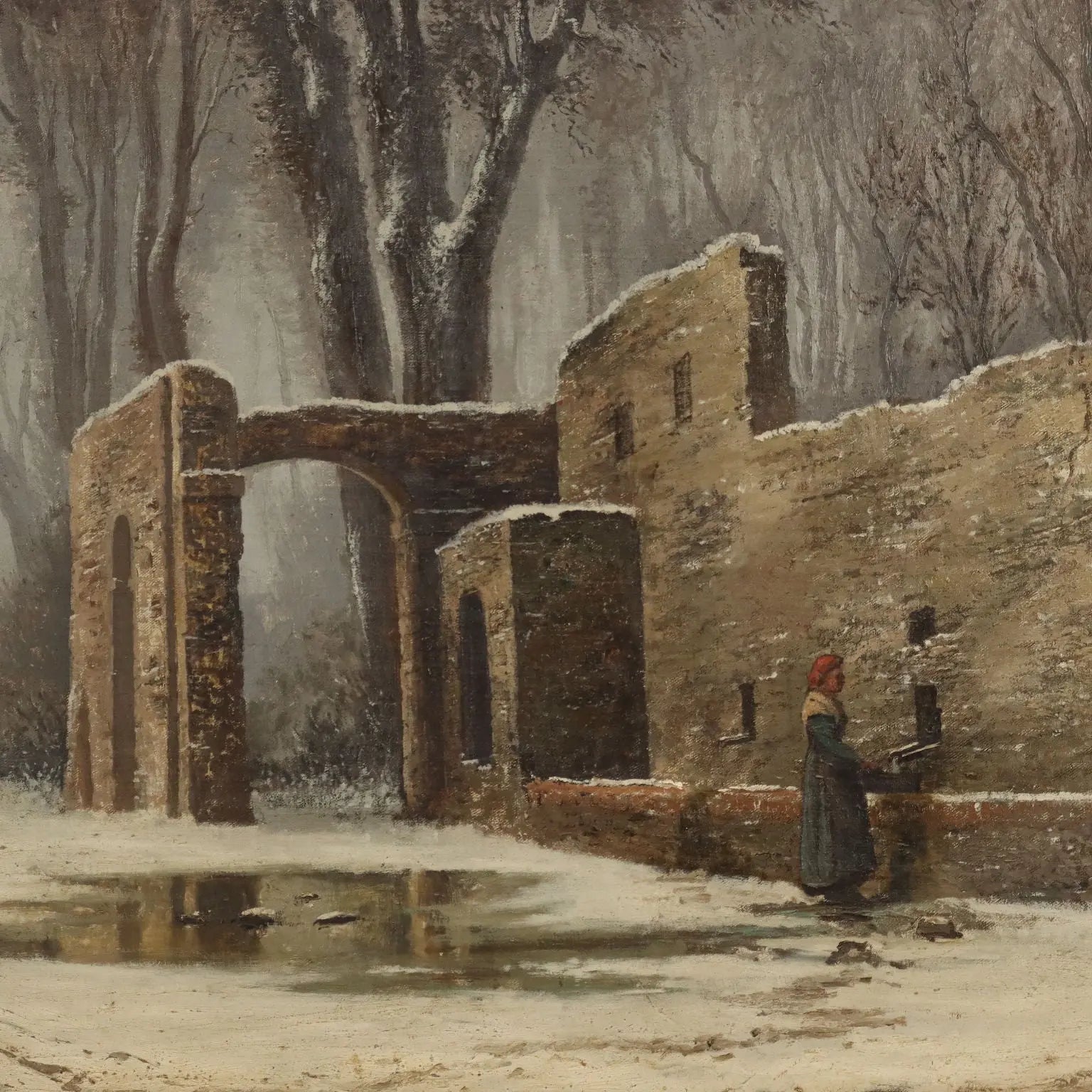 Antique Painting Mentore Silvani Oil on Canvas Italy 1872 - Snowy Landscape with Figures 1872 | Art | 19th Century