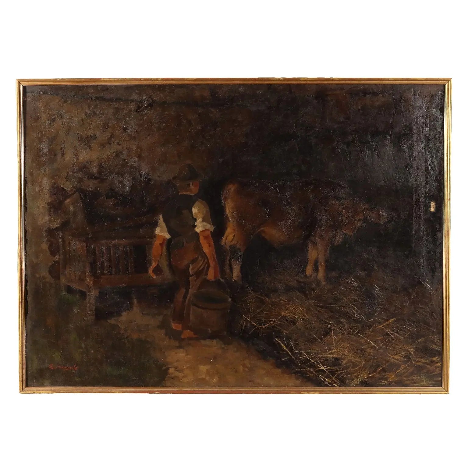 Ancient Painting G. Sottocornola '800 Interior of a Stable Canvas - Stable interior | Art | 19th Century