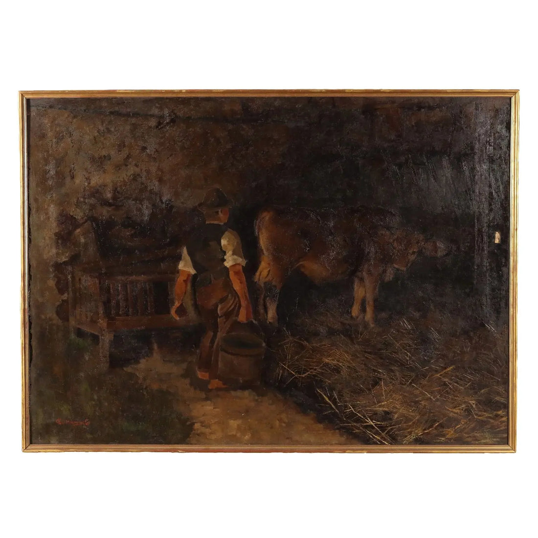Ancient Painting G. Sottocornola '800 Interior of a Stable Canvas - Stable interior | Art | 19th Century