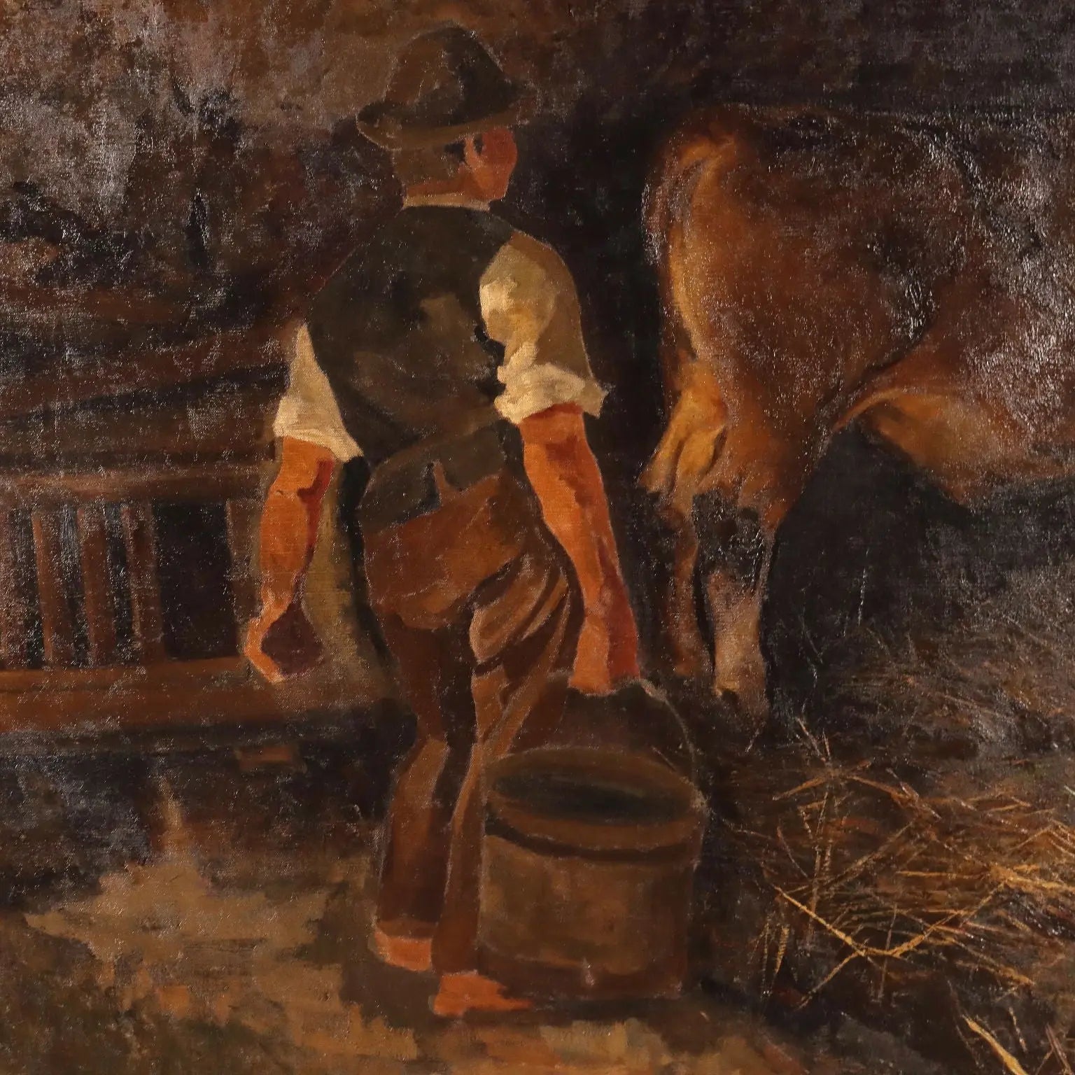 Ancient Painting G. Sottocornola '800 Interior of a Stable Canvas - Stable interior | Art | 19th Century