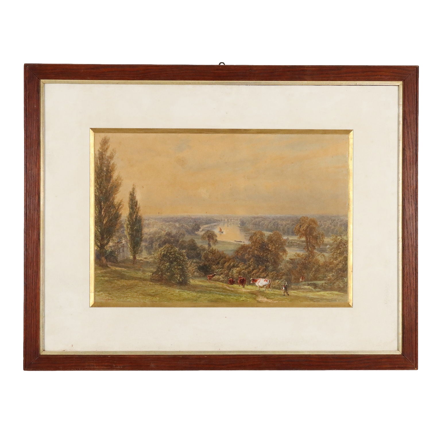 Antique Painting H. Clifford Warren Watercolour and Pencil 1878 - Landscape with River and Figures 1878 | Art  19th Century