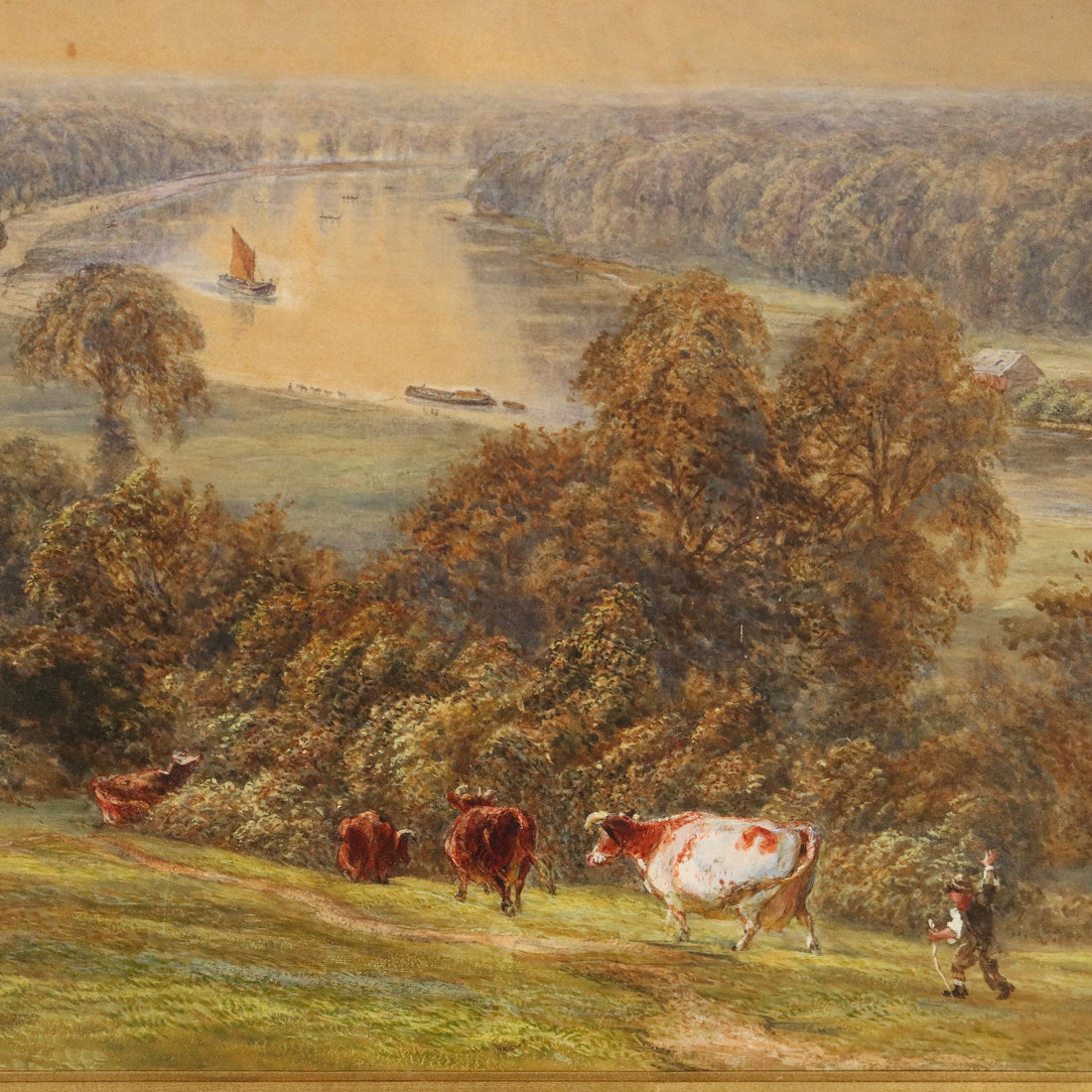 Antique Painting H. Clifford Warren Watercolour and Pencil 1878 - Landscape with River and Figures 1878 | Art  19th Century