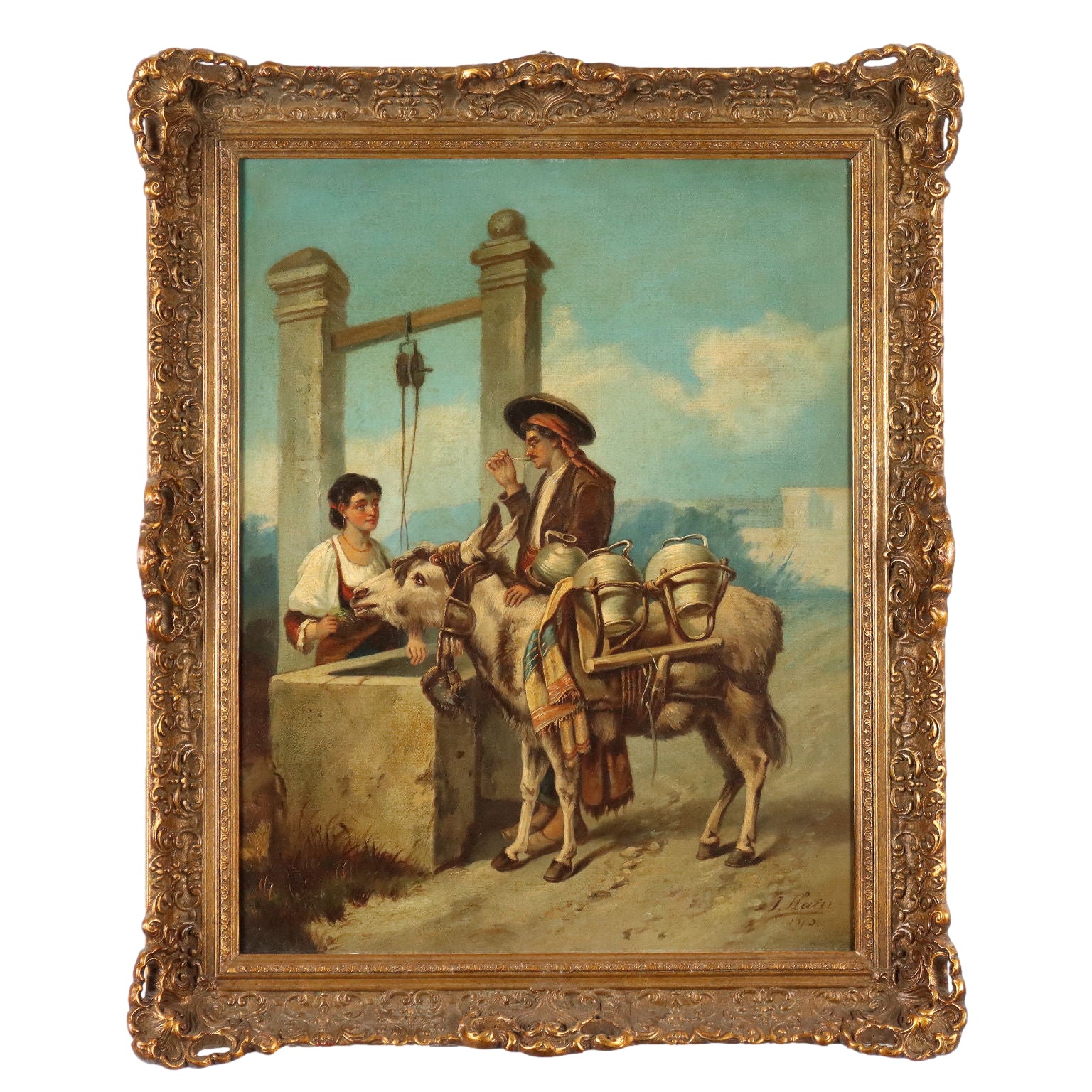 Antique Painting Signed Joseph Haier Courtship at the Well 1873 - Courtship at the Well 1873 | Art  19th Century