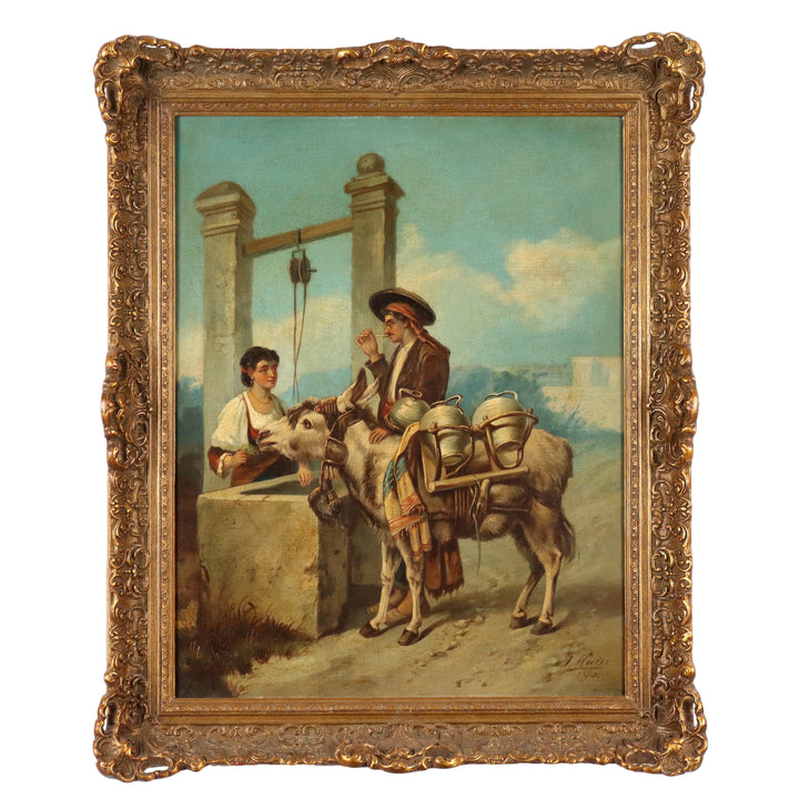 Antique Painting Signed Joseph Haier Courtship at the Well 1873 - Courtship at the Well 1873 | Art  19th Century