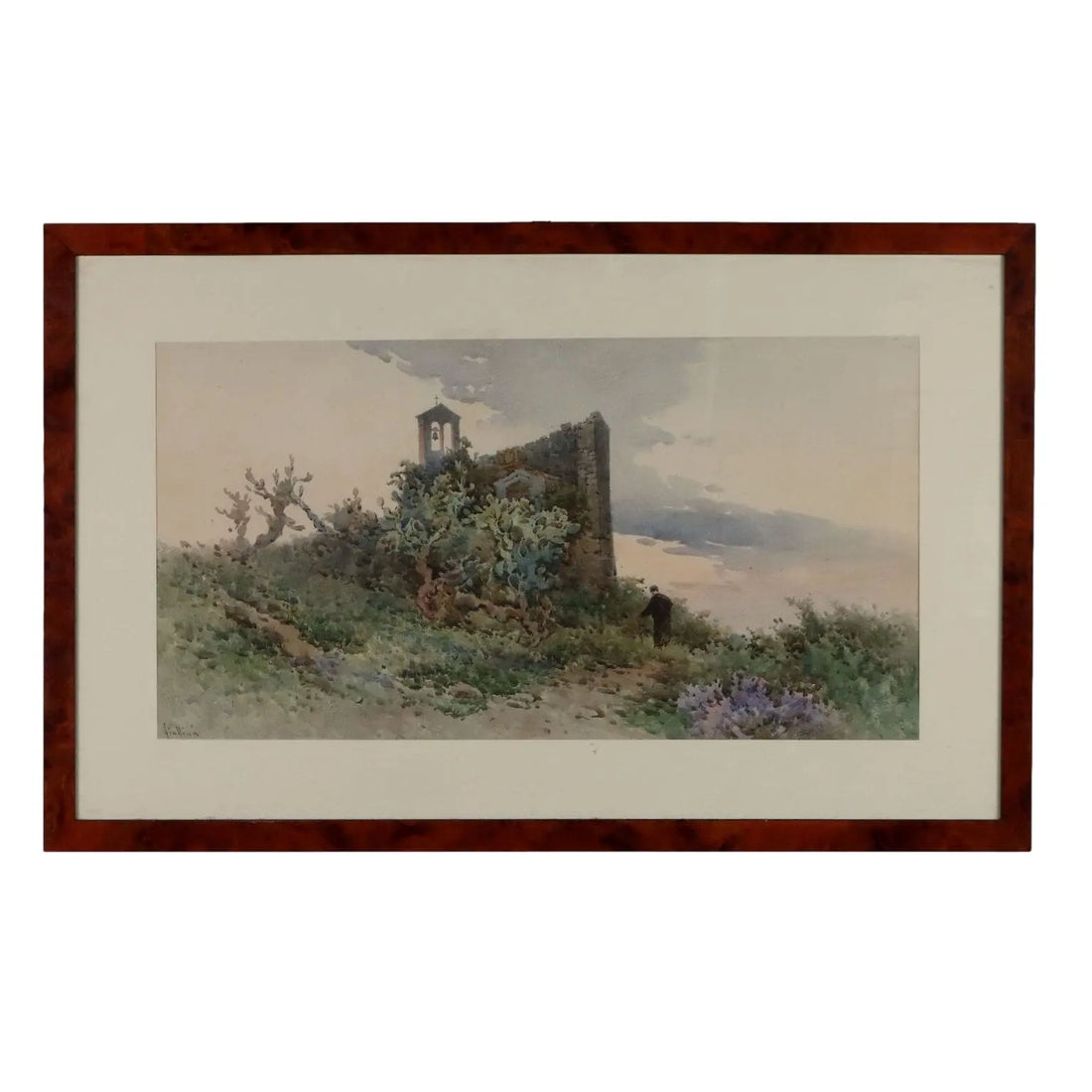 Antique Painting Signed Angelos Giallinas Watercolor on Paper '800 - View of Corfu with a Small Church and a Monk | Art | 19th Century