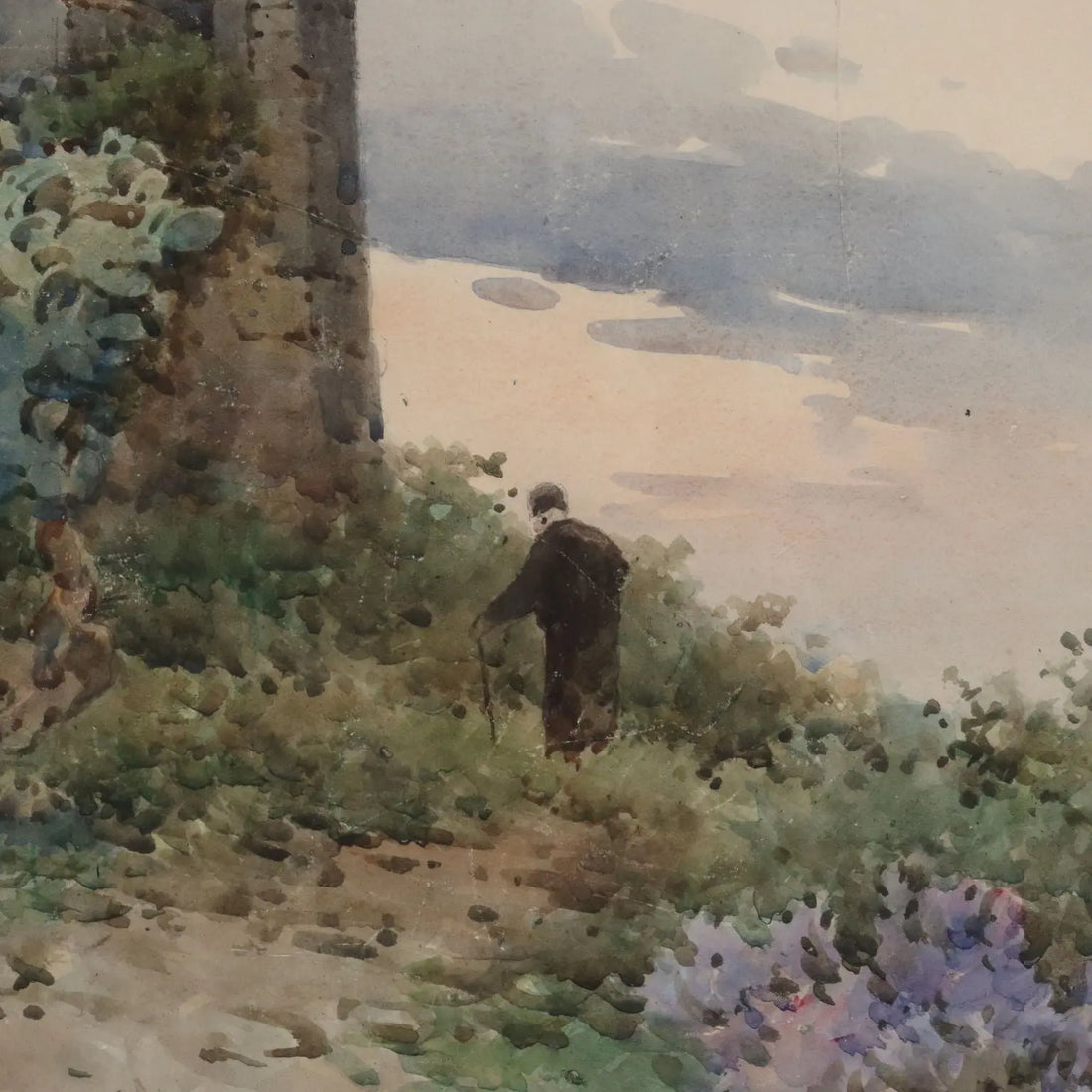 Antique Painting Signed Angelos Giallinas Watercolor on Paper '800 - View of Corfu with a Small Church and a Monk | Art | 19th Century