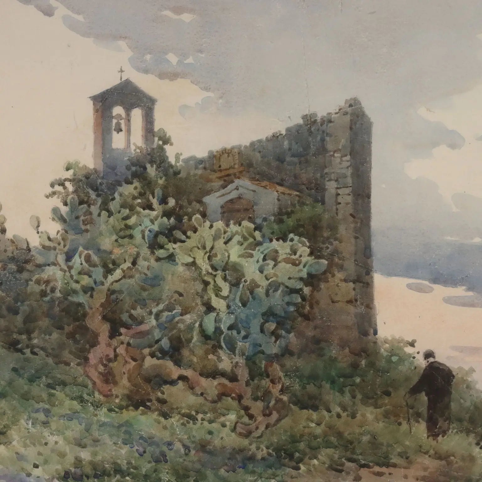 Antique Painting Signed Angelos Giallinas Watercolor on Paper '800 - View of Corfu with a Small Church and a Monk | Art | 19th Century