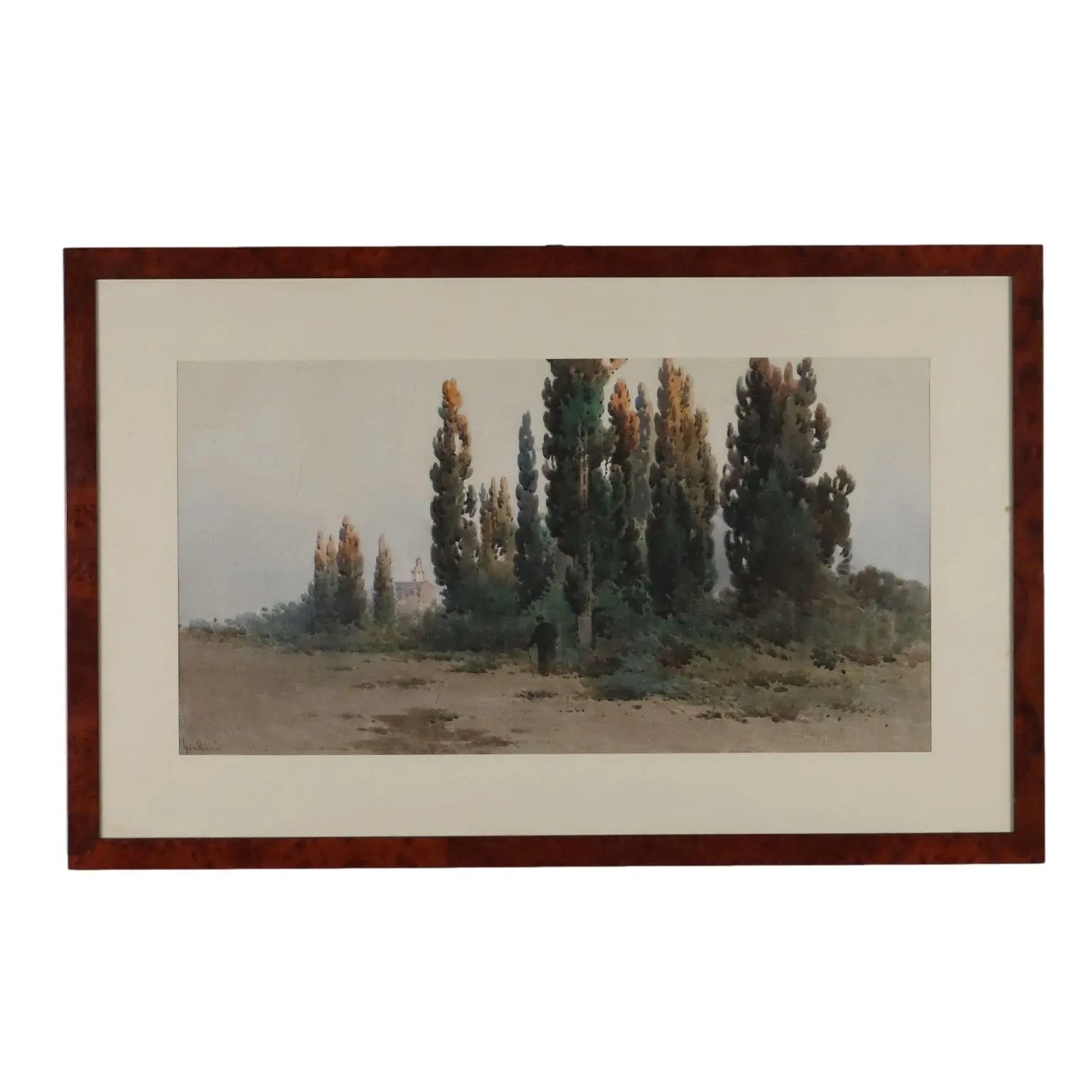 Antique Painting Signed Angelos Giallinas Watercolor on Paper '800 - Glimpse of Corfu with Monk | Art | 19th Century