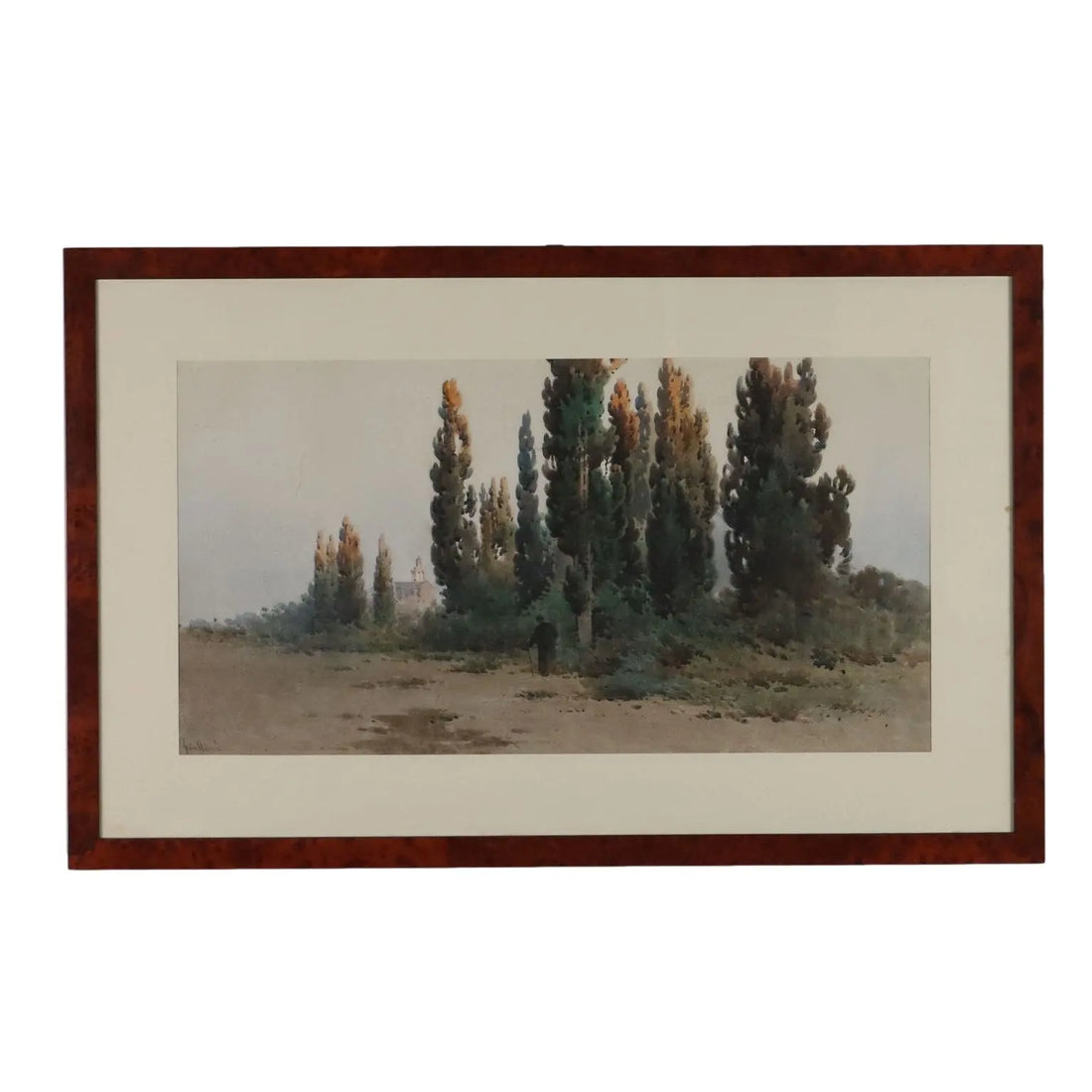 Antique Painting Signed Angelos Giallinas Watercolor on Paper '800 - Glimpse of Corfu with Monk | Art | 19th Century