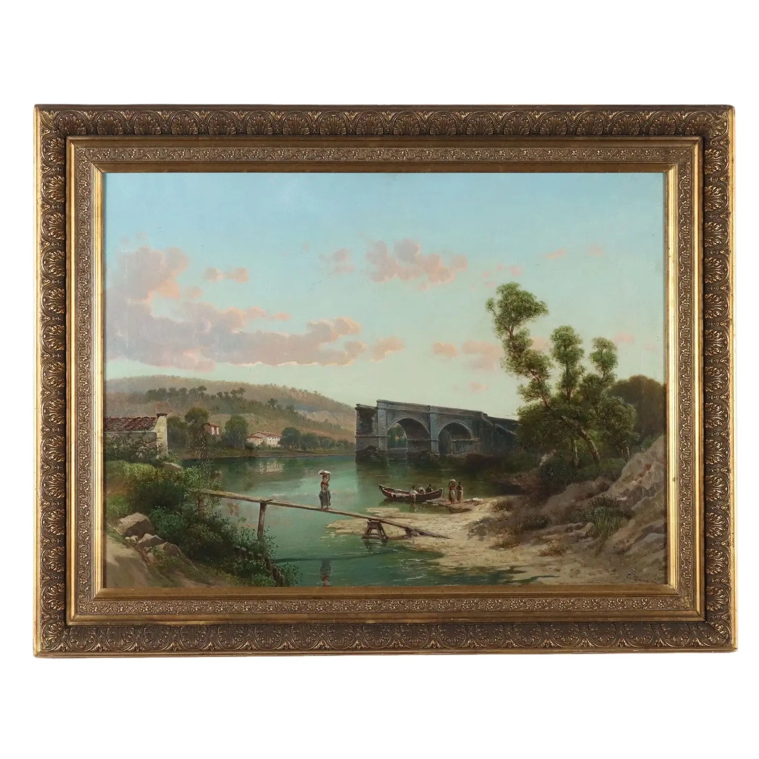 Antique Painting Signed Emilio Donnini Landscape with River '800 - Landscape with River and Figures | Art | 19th Century