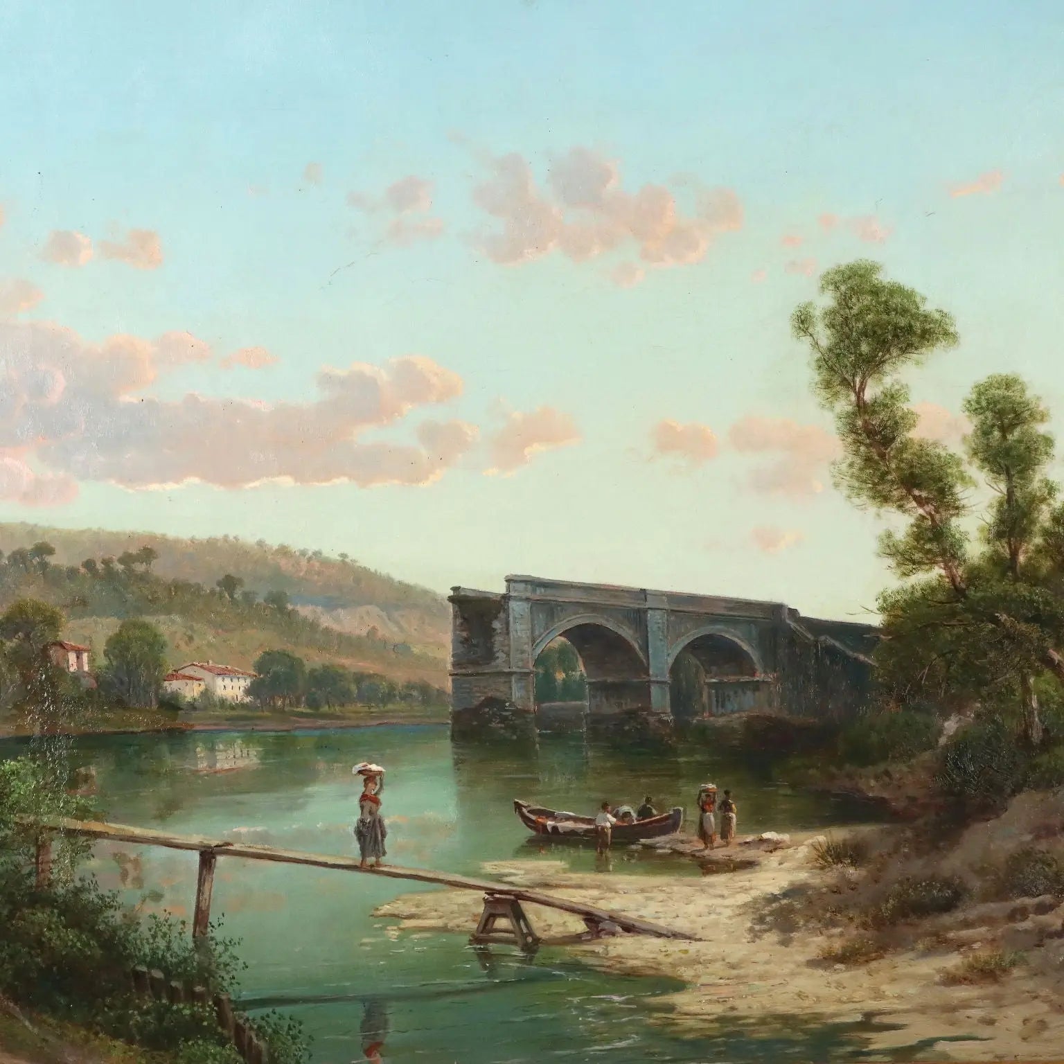 Antique Painting Signed Emilio Donnini Landscape with River '800 - Landscape with River and Figures | Art | 19th Century