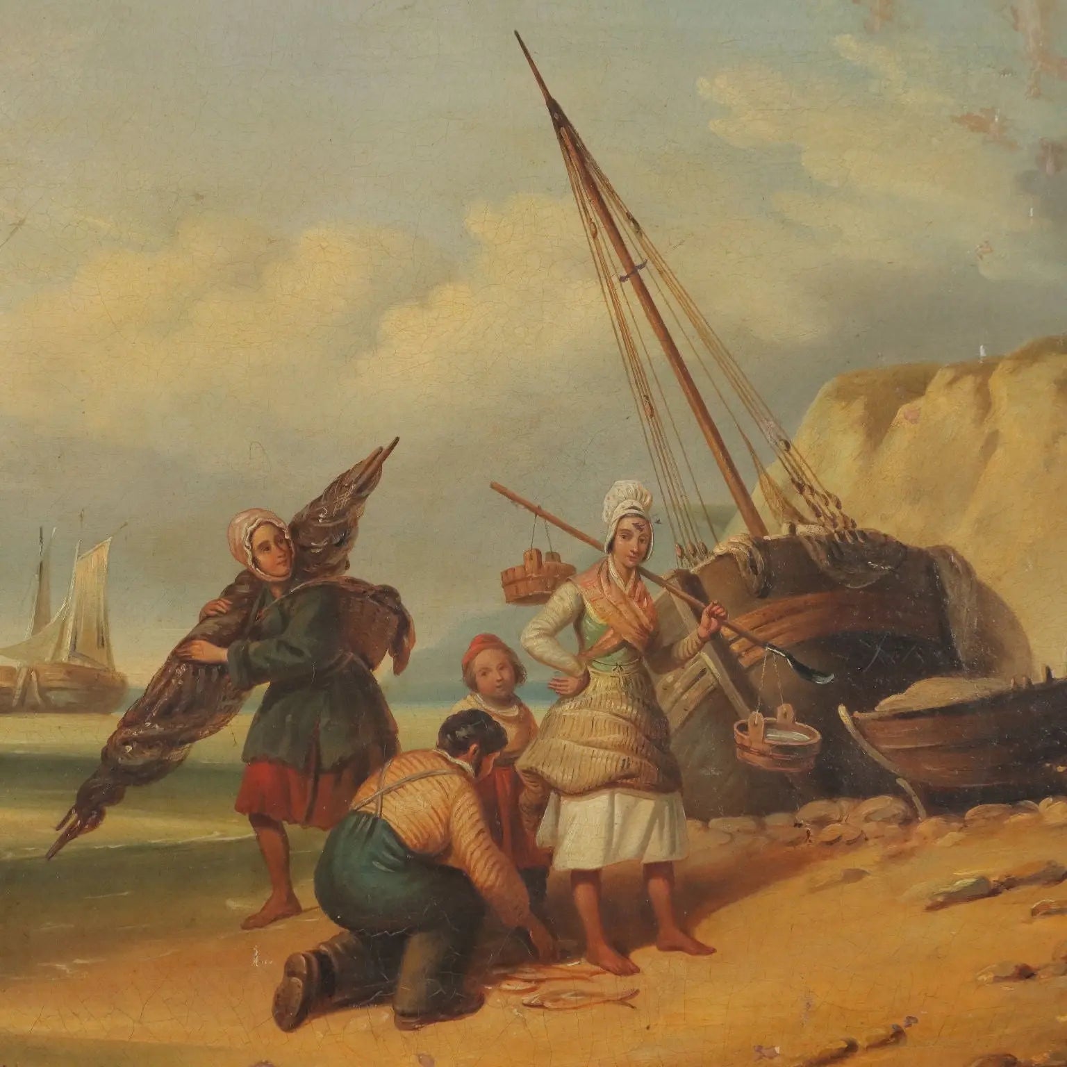 The Sale of Fresh Fish Antique Painting Oil on Canvas XIX Century | Art | 19th Century