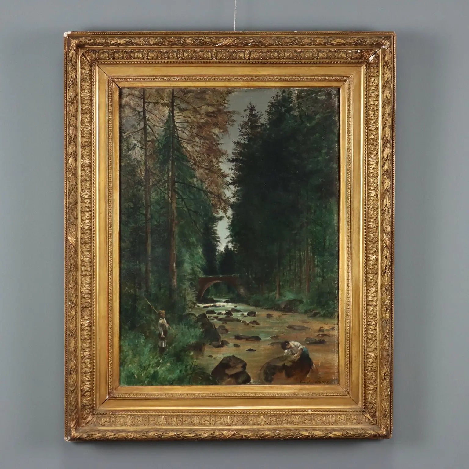 Antique Painting Wooden Landscape Signed Tristan Lacroix 1883 - Wood Landscape with Figures, 1883 | Art | 19th Century