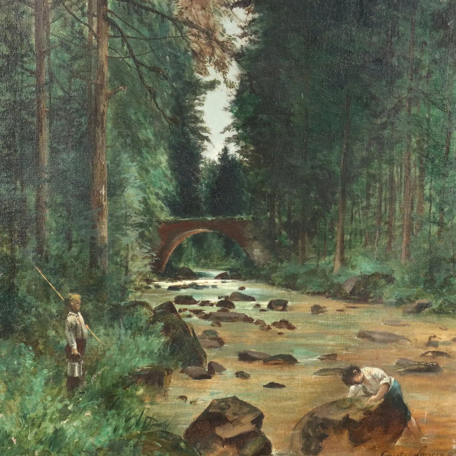 Antique Painting Wooden Landscape Signed Tristan Lacroix 1883 - Wood Landscape with Figures, 1883 | Art | 19th Century