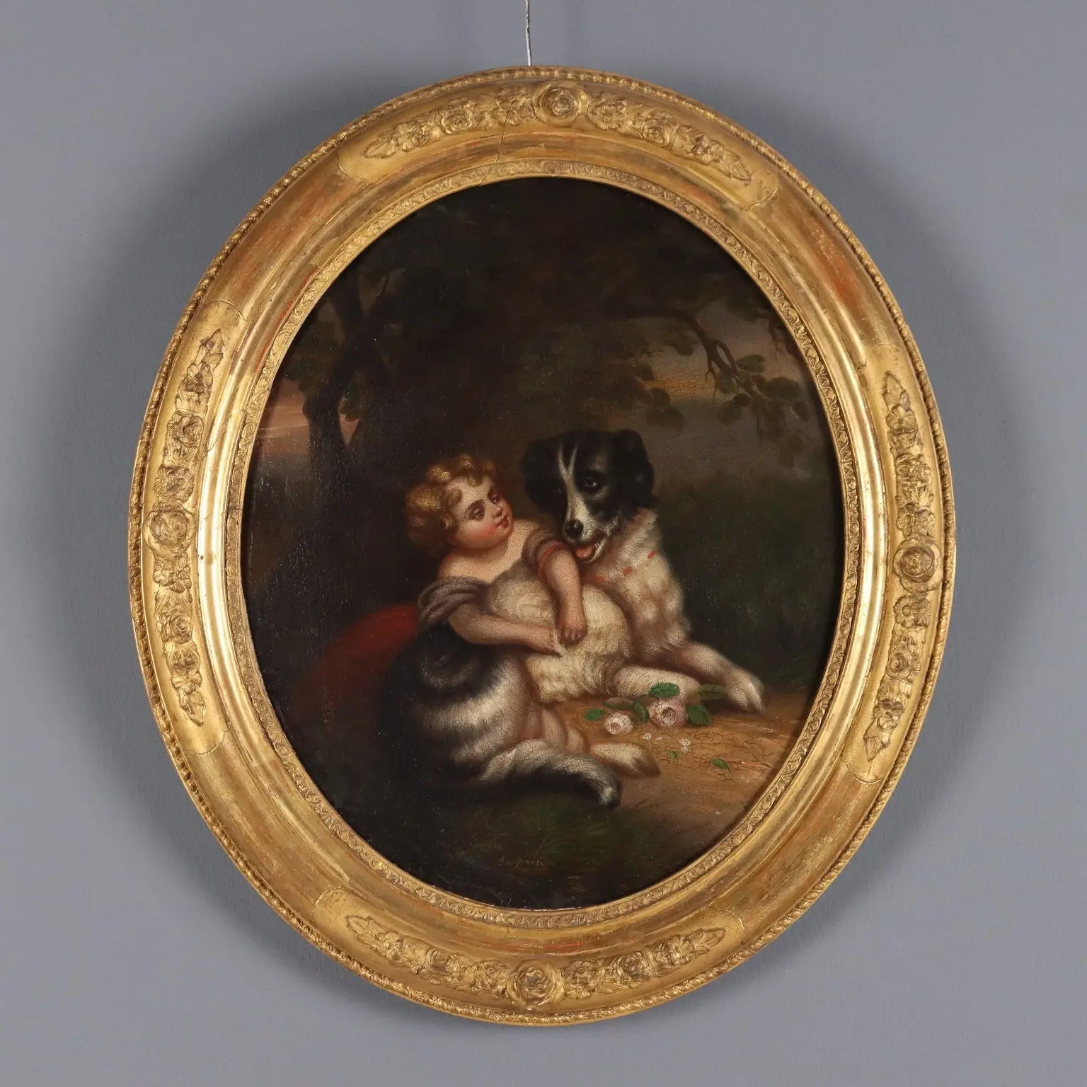 Antique Painting Little Girl with Dog Oil on Canvas XIX Century | Art | 19th Century