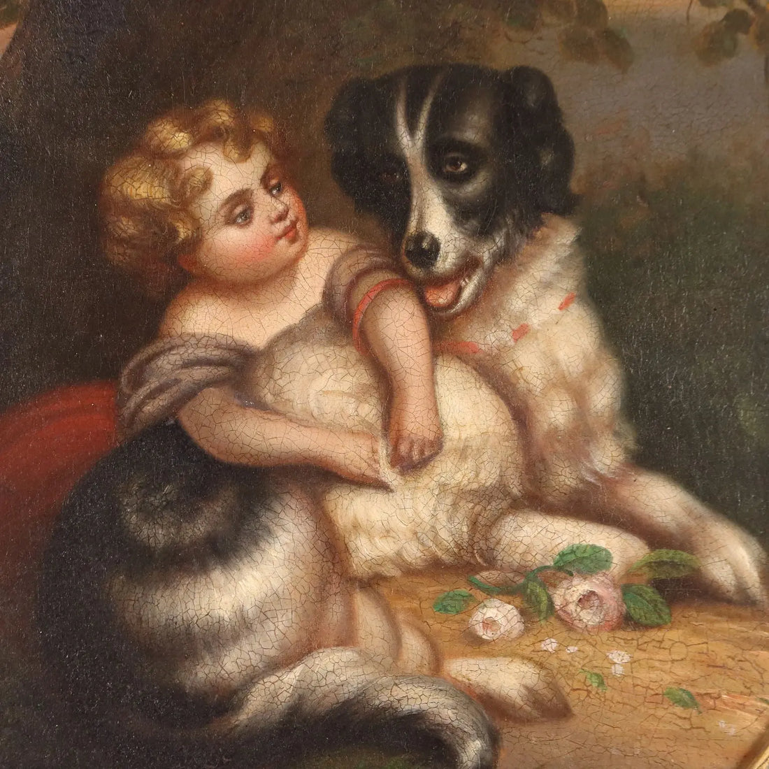 Antique Painting Little Girl with Dog Oil on Canvas XIX Century | Art | 19th Century