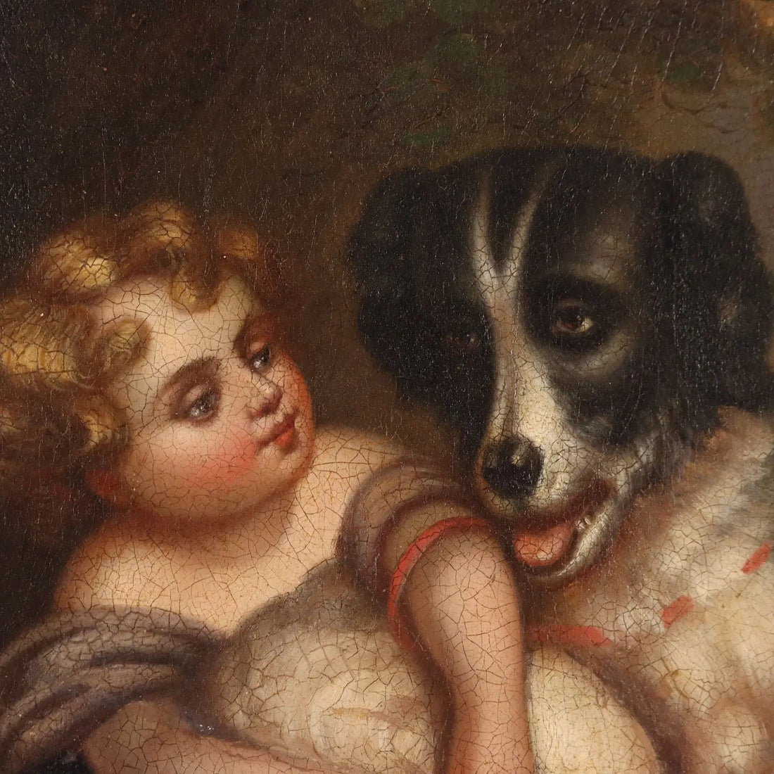 Antique Painting Little Girl with Dog Oil on Canvas XIX Century | Art | 19th Century
