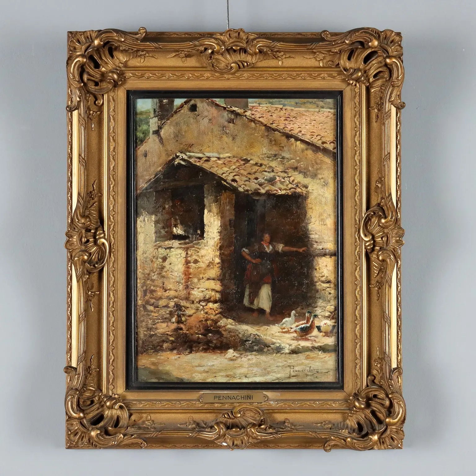 Antique Painting Signed Domenico Pennacchini Oil on Hardboard '800 - Farmhouse with Commoner and Ducks | Art | 19th Century