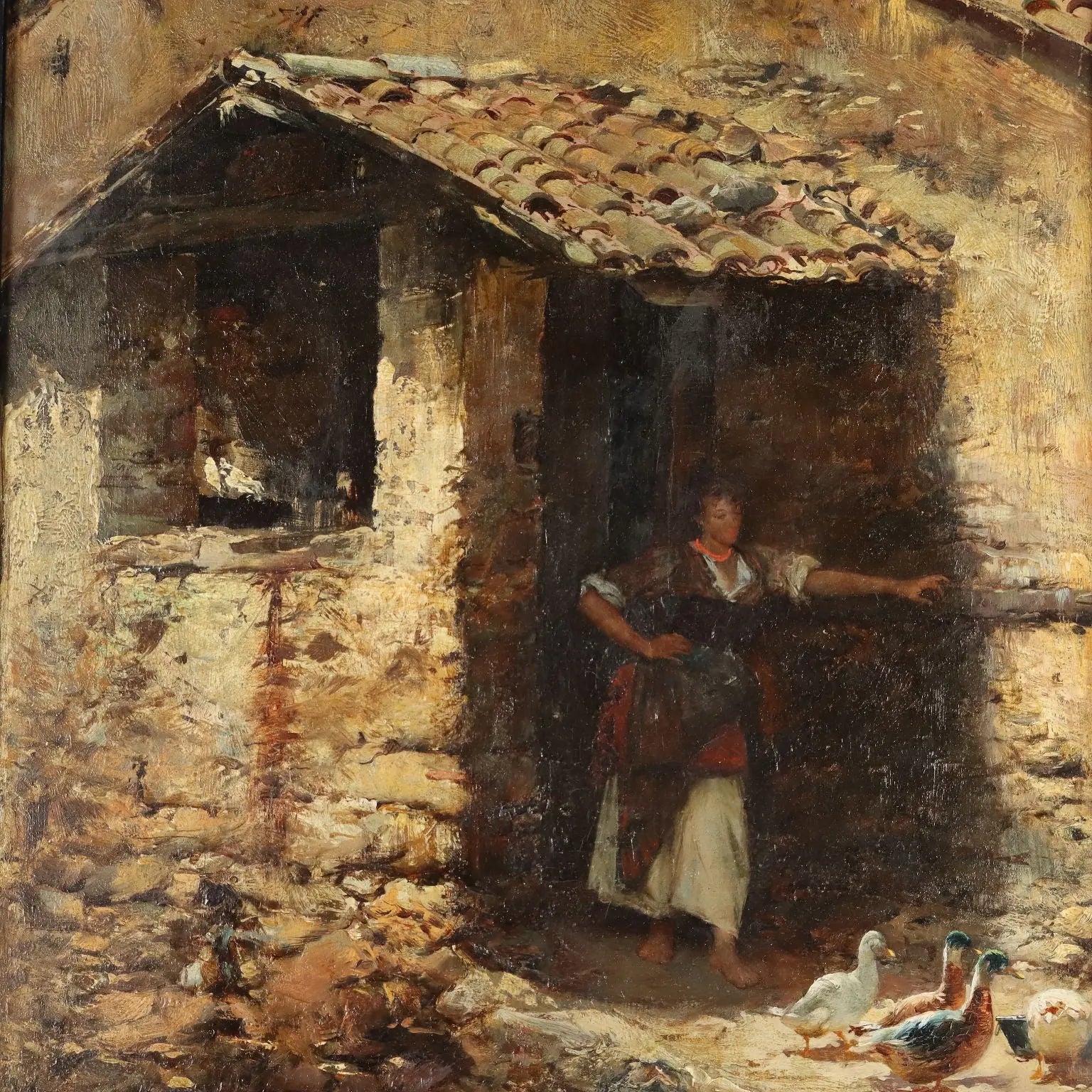 Antique Painting Signed Domenico Pennacchini Oil on Hardboard '800 - Farmhouse with Commoner and Ducks | Art | 19th Century
