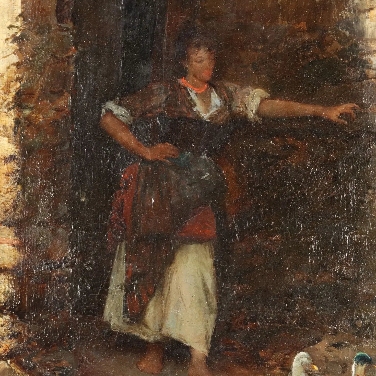 Antique Painting Signed Domenico Pennacchini Oil on Hardboard '800 - Farmhouse with Commoner and Ducks | Art | 19th Century