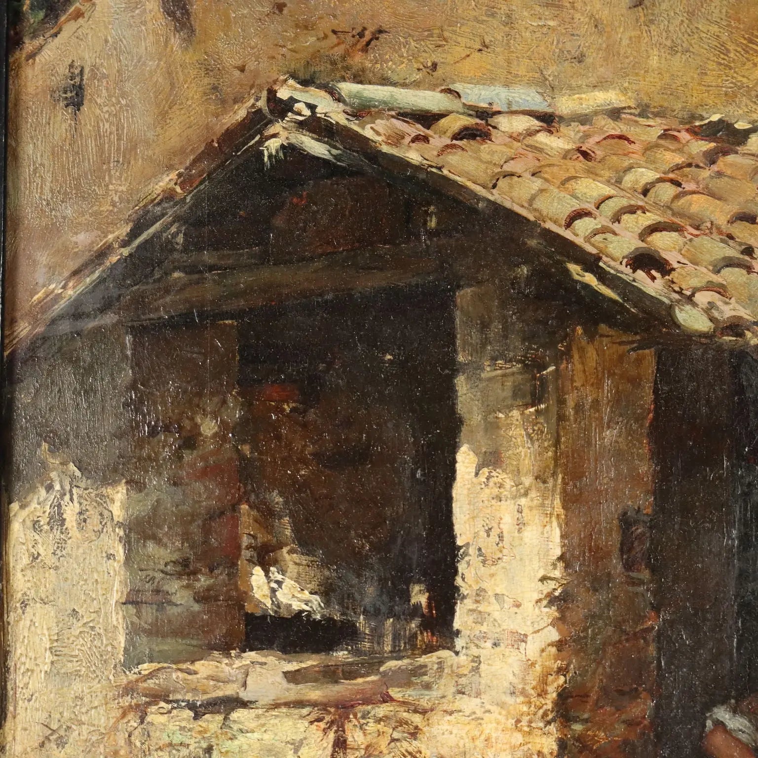 Antique Painting Signed Domenico Pennacchini Oil on Hardboard '800 - Farmhouse with Commoner and Ducks | Art | 19th Century
