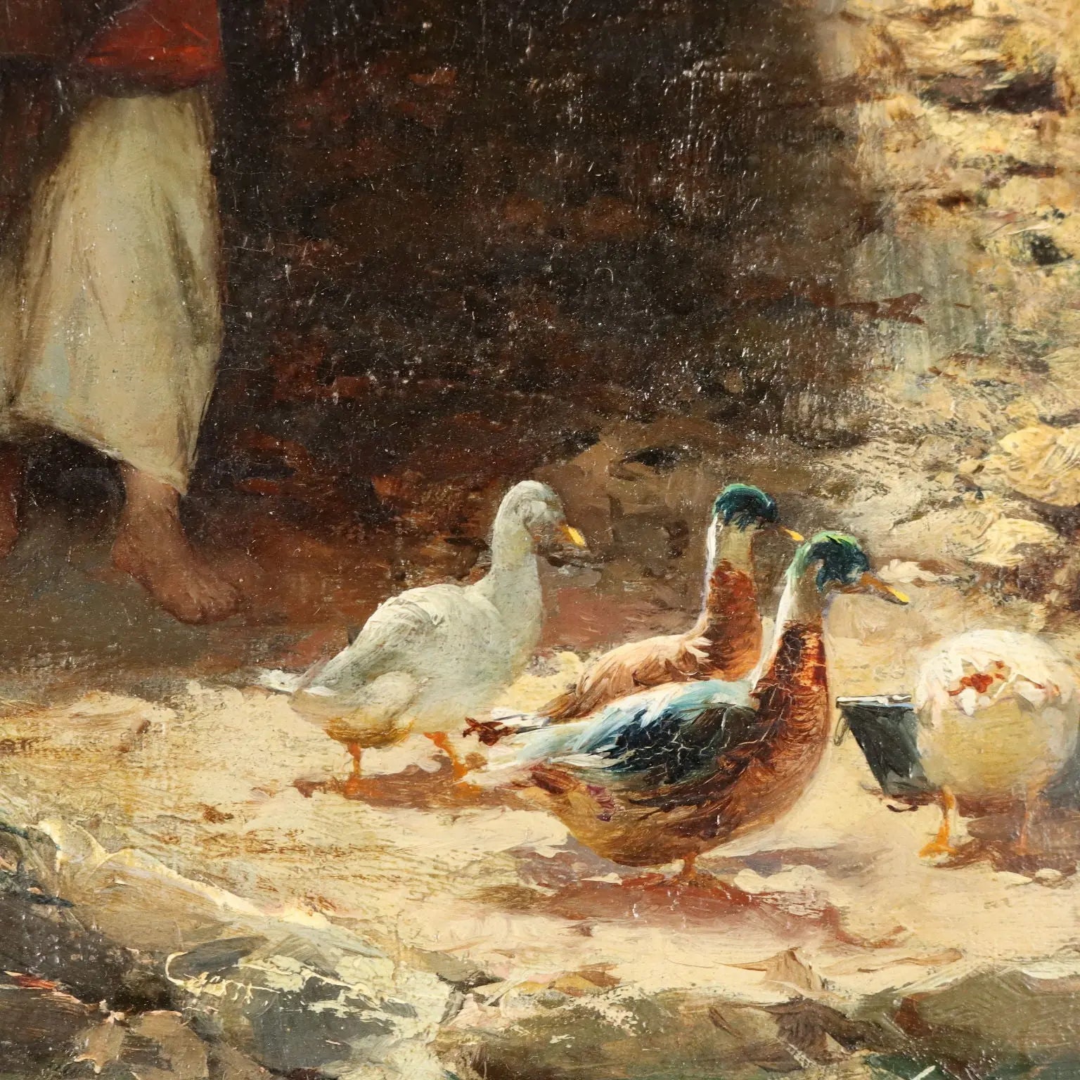 Antique Painting Signed Domenico Pennacchini Oil on Hardboard '800 - Farmhouse with Commoner and Ducks | Art | 19th Century