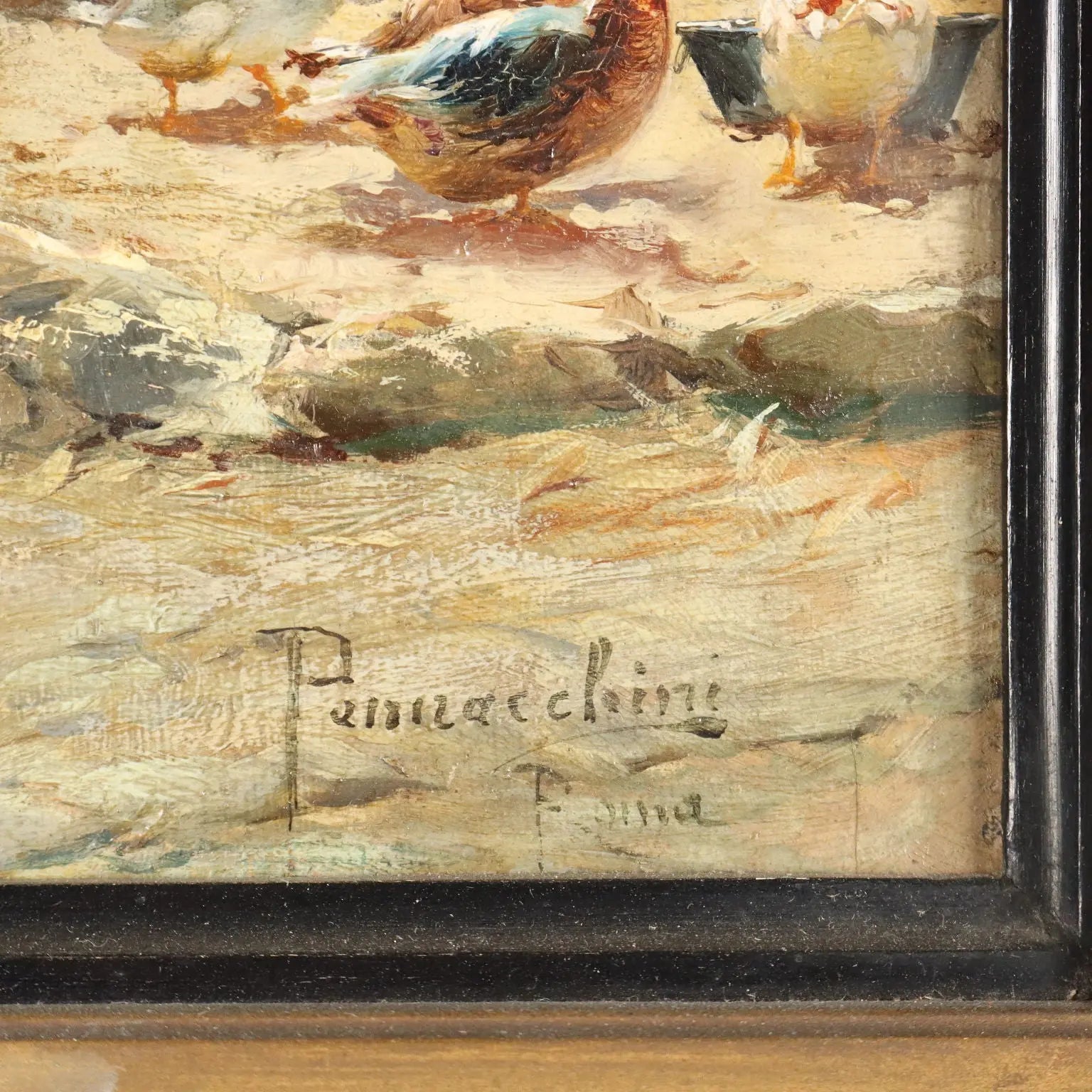 Antique Painting Signed Domenico Pennacchini Oil on Hardboard '800 - Farmhouse with Commoner and Ducks | Art | 19th Century