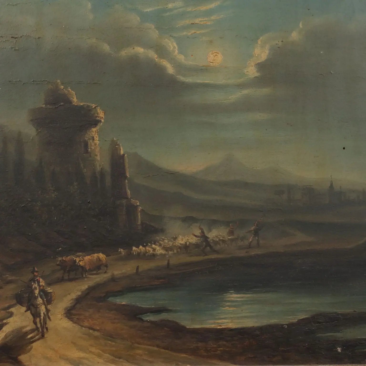Antique Painting Night Landscape Oil on Hardboard XIX Century | Art | 19th Century