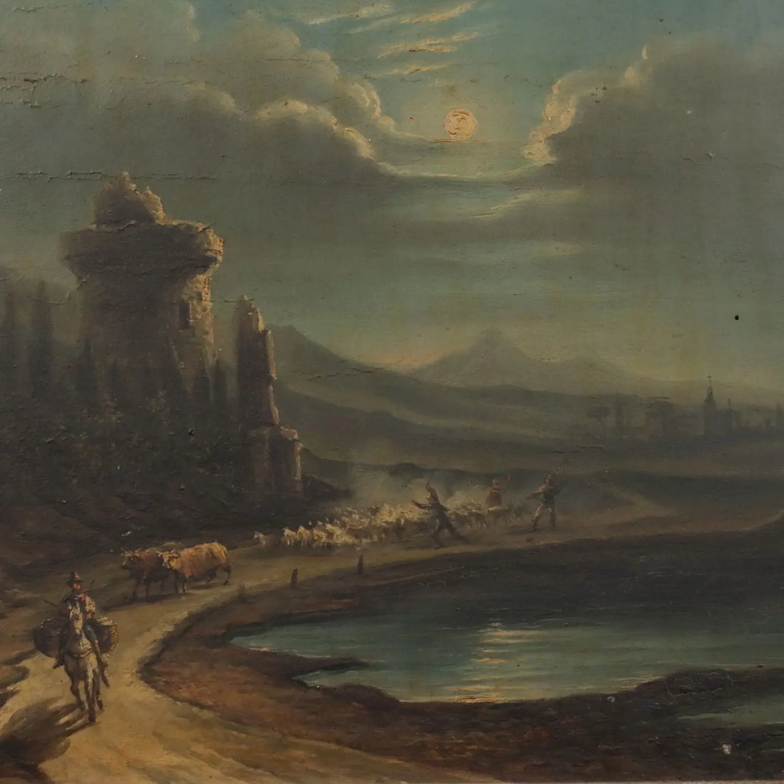 Antique Painting Night Landscape Oil on Hardboard XIX Century | Art | 19th Century